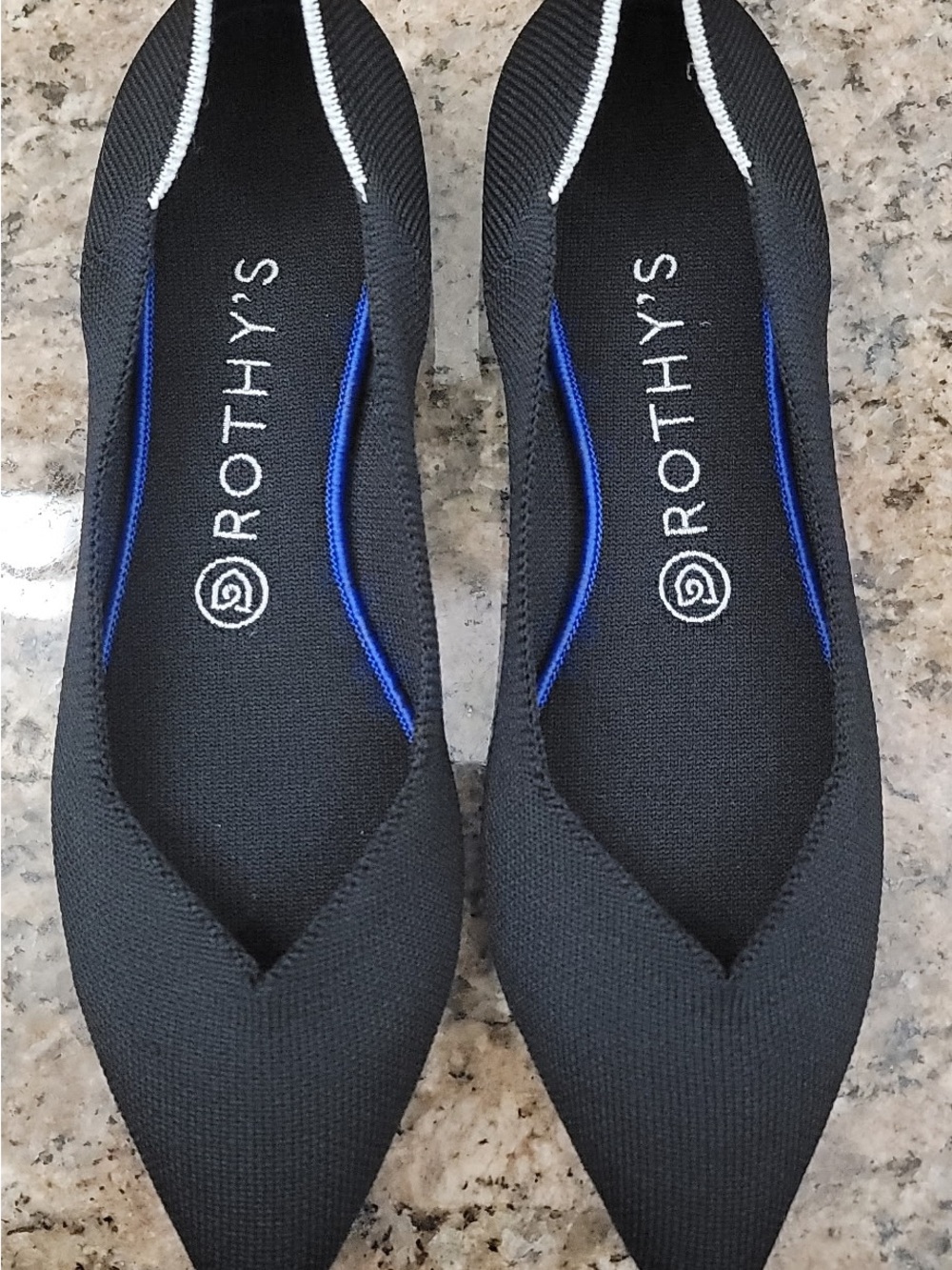 Excellent condition- Rothy's Black Pointed Knit Flats with Blue Trim